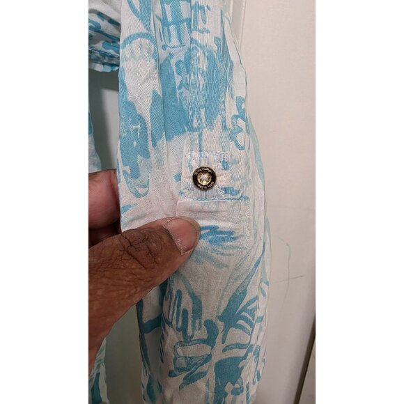 Lilly Pulitzer Blue & White Button-Down Tunic Tropical Print Roll-Up Sleeves Siz - Picture 6 of 8